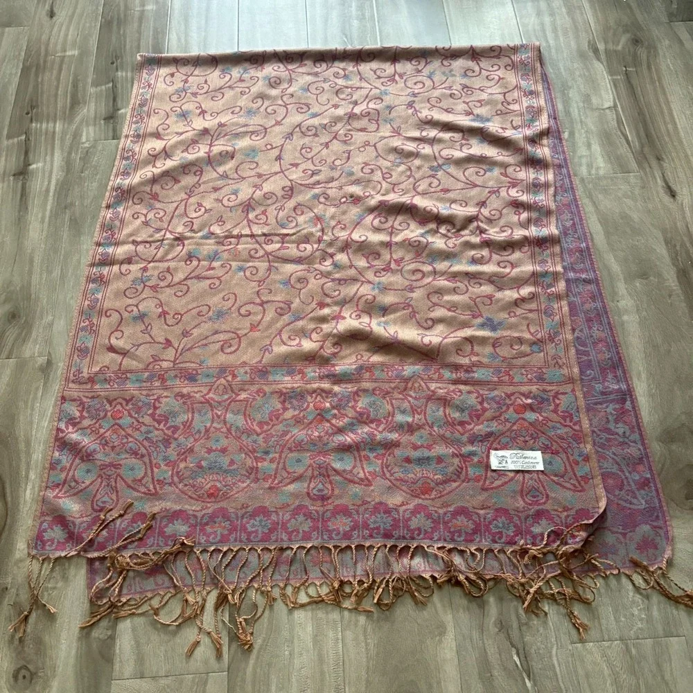 SAM WELL Pashmina Scarf‎ 100% Cashmere Made in NEPAL Purple Floral 27x70 inch